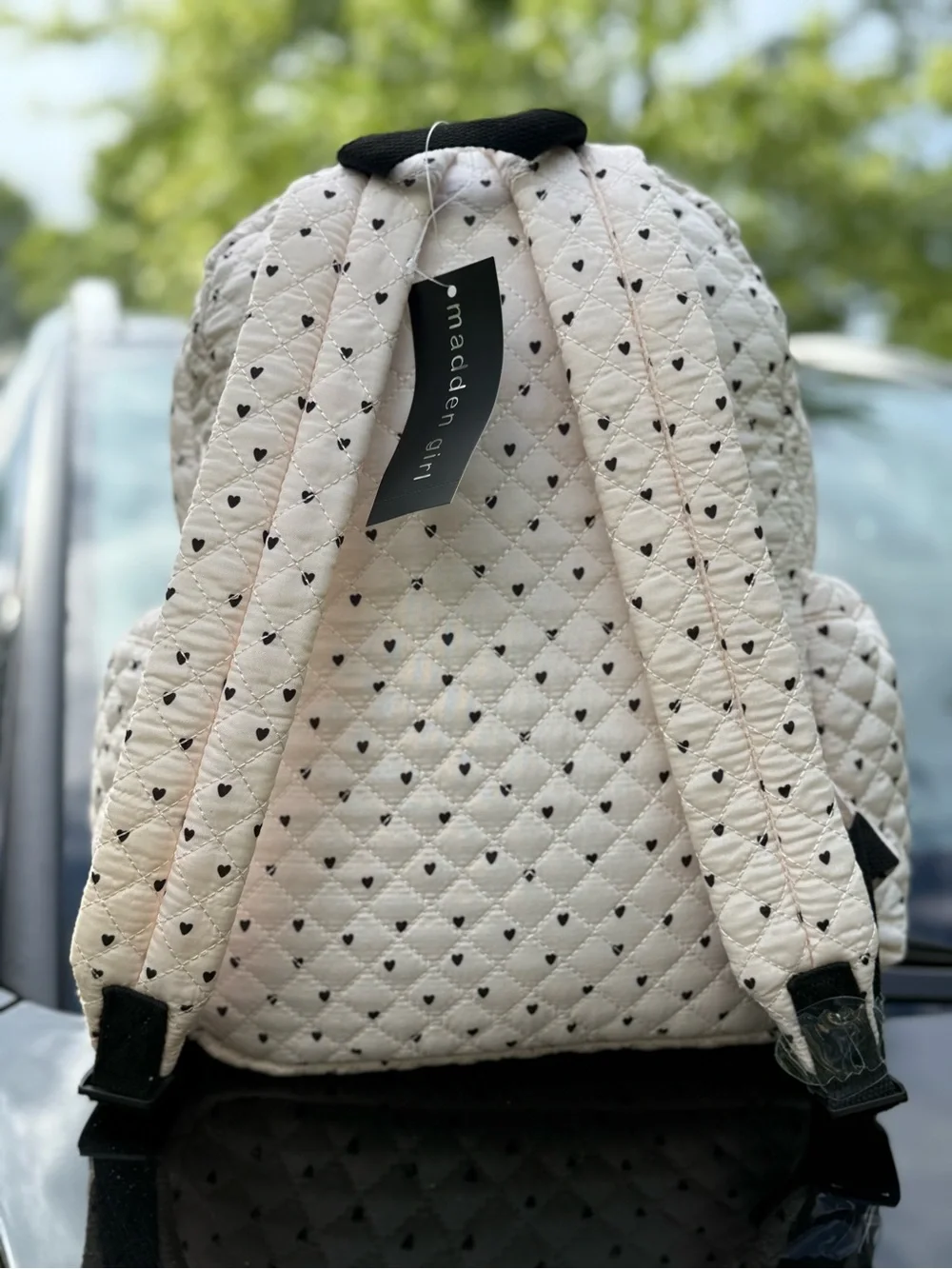 MADDEN GIRL Quilted White Heart Accent Backpack with Black Check Pocket